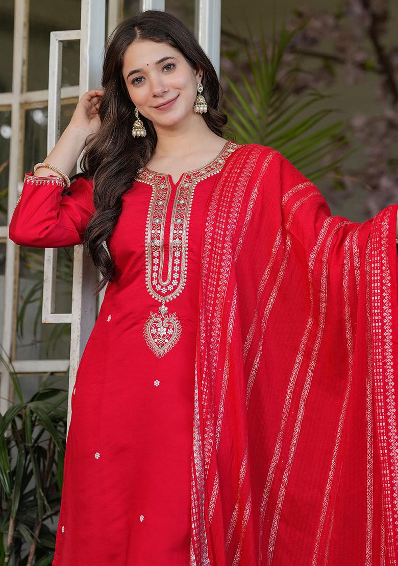 Red Embroidered Chanderi Salwar Kameez