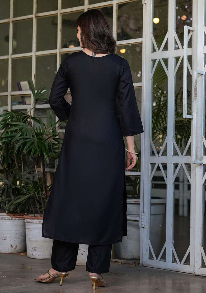 Black Embroidered Viscose Straight Kurta Set - Indya