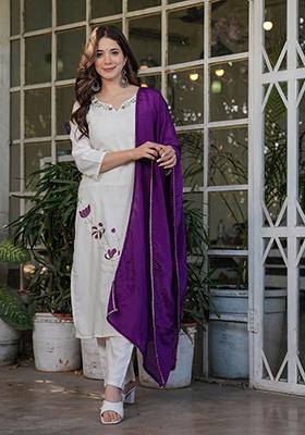 Off White Embroidered Viscose Salwar Kameez