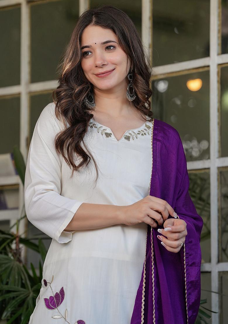 Off White Embroidered Viscose Salwar Kameez