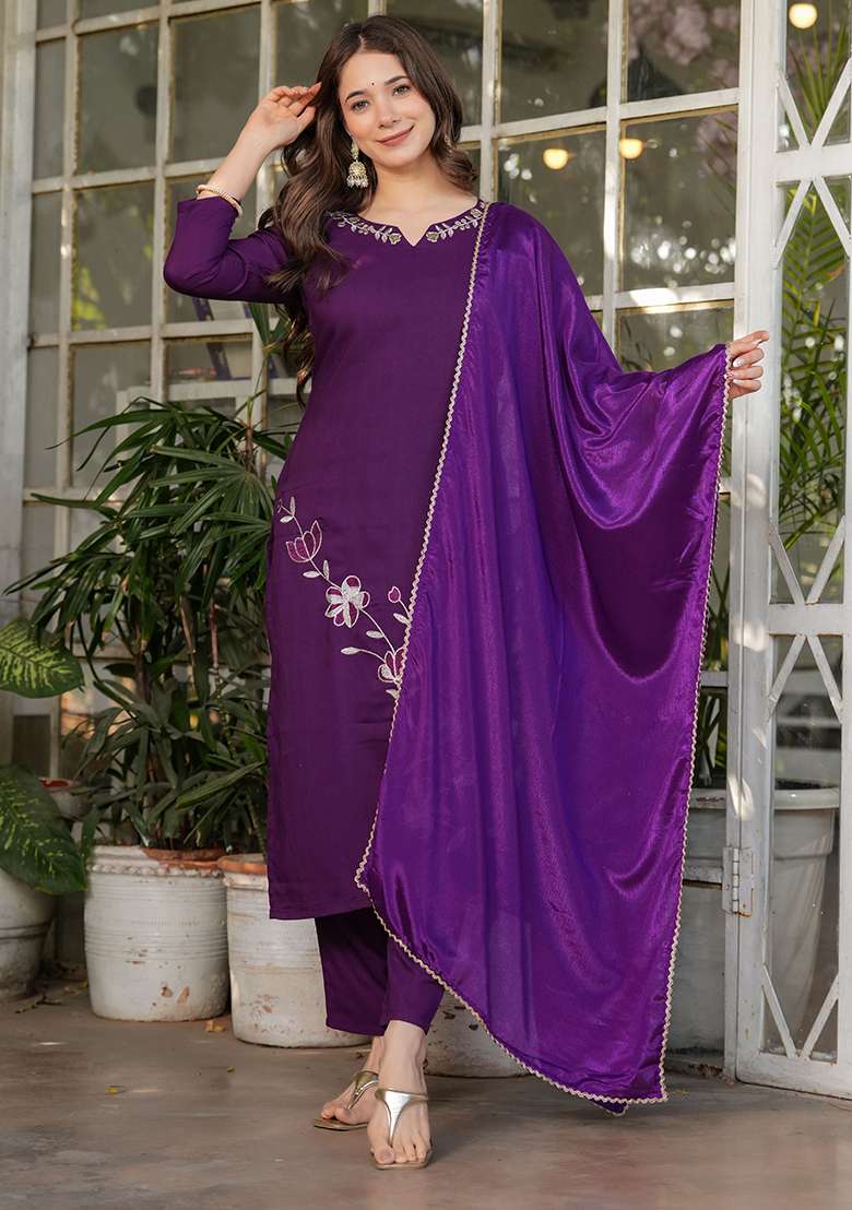 Wine Embroidered Viscose Straight Kurta Set - Indya