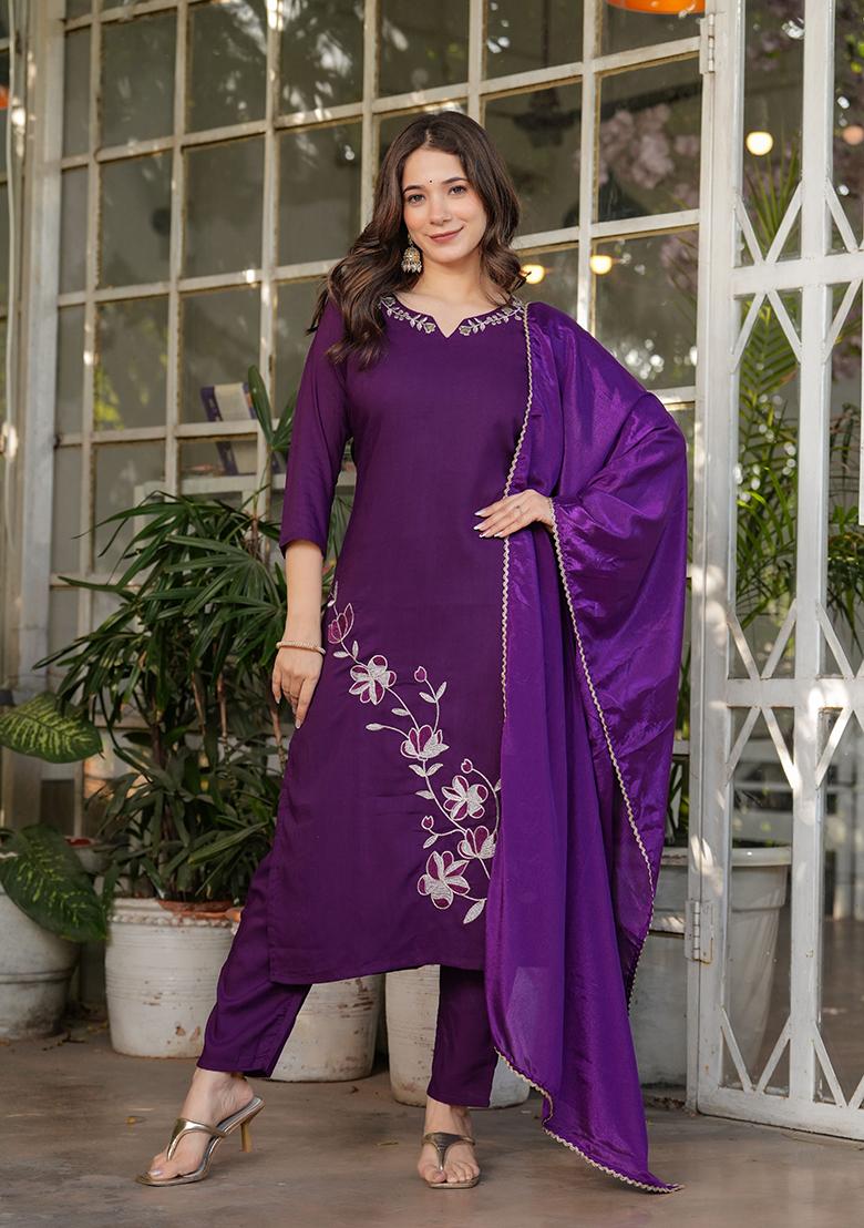 Wine Embroidered Viscose Salwar Kameez
