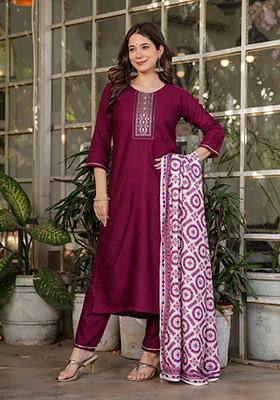Maroon Embroidered Rayon Salwar Kameez