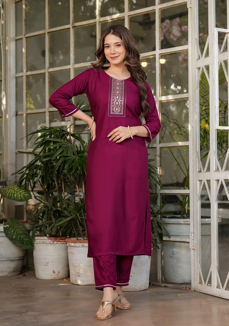 Maroon Embroidered Rayon Salwar Kameez