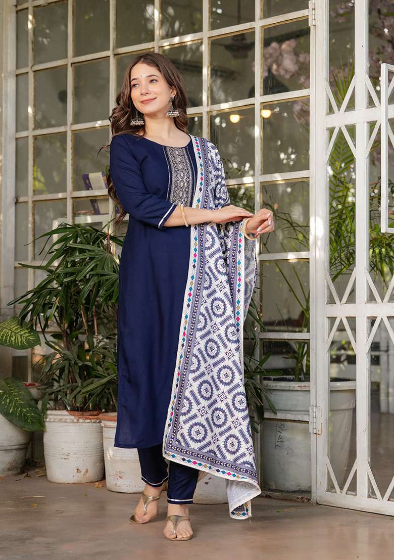 Navy Blue Embroidered Rayon Salwar Kameez - Indya