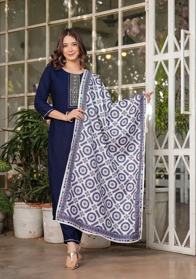 Navy Blue Embroidered Rayon Salwar Kameez