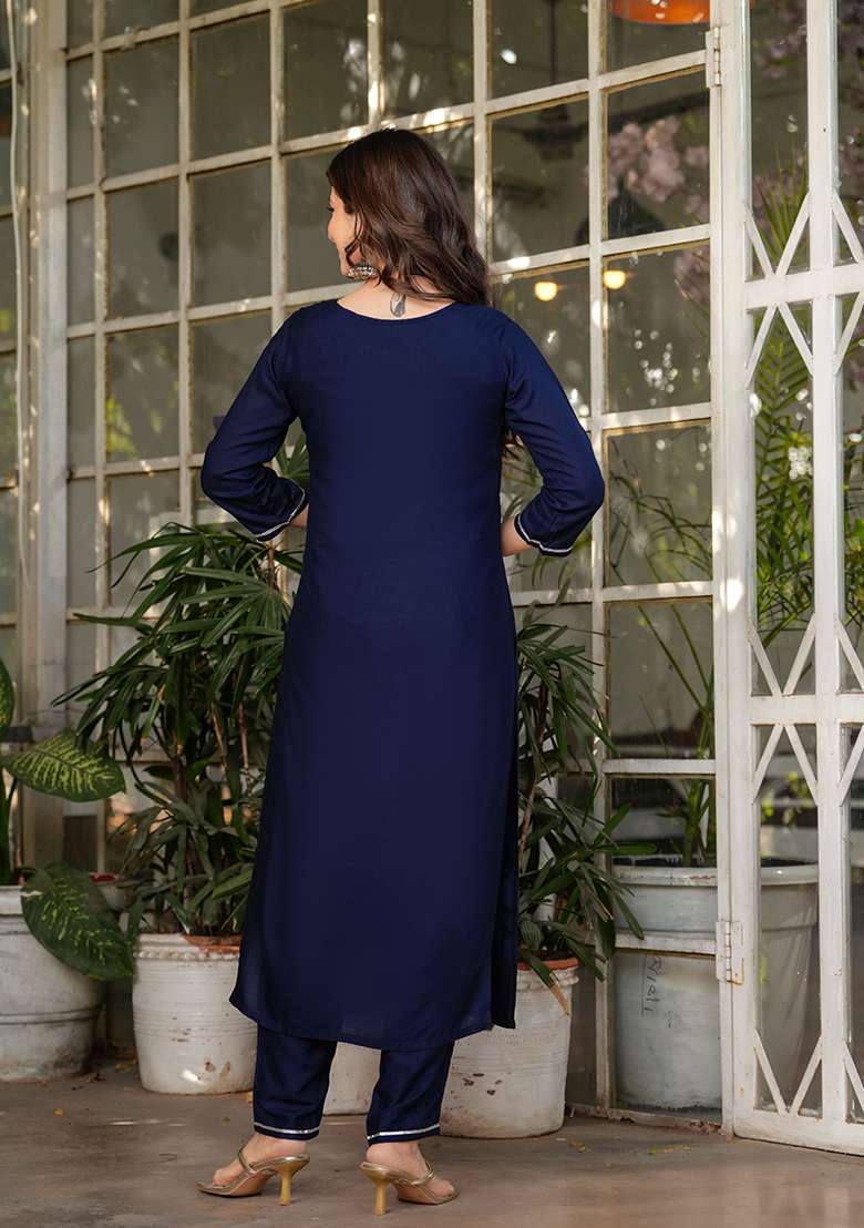 Navy Blue Embroidered Rayon Salwar Kameez - Indya