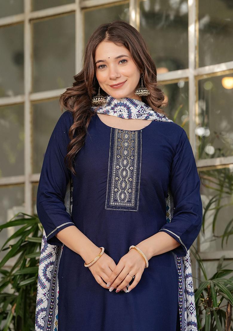 Navy Blue Embroidered Rayon Salwar Kameez