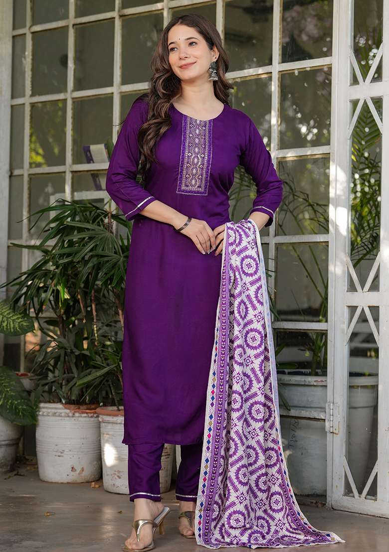 Wine Embroidered Rayon Straight Kurta Set - Indya