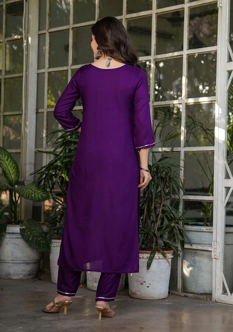 Wine Embroidered Rayon Straight Kurta Set - Indya