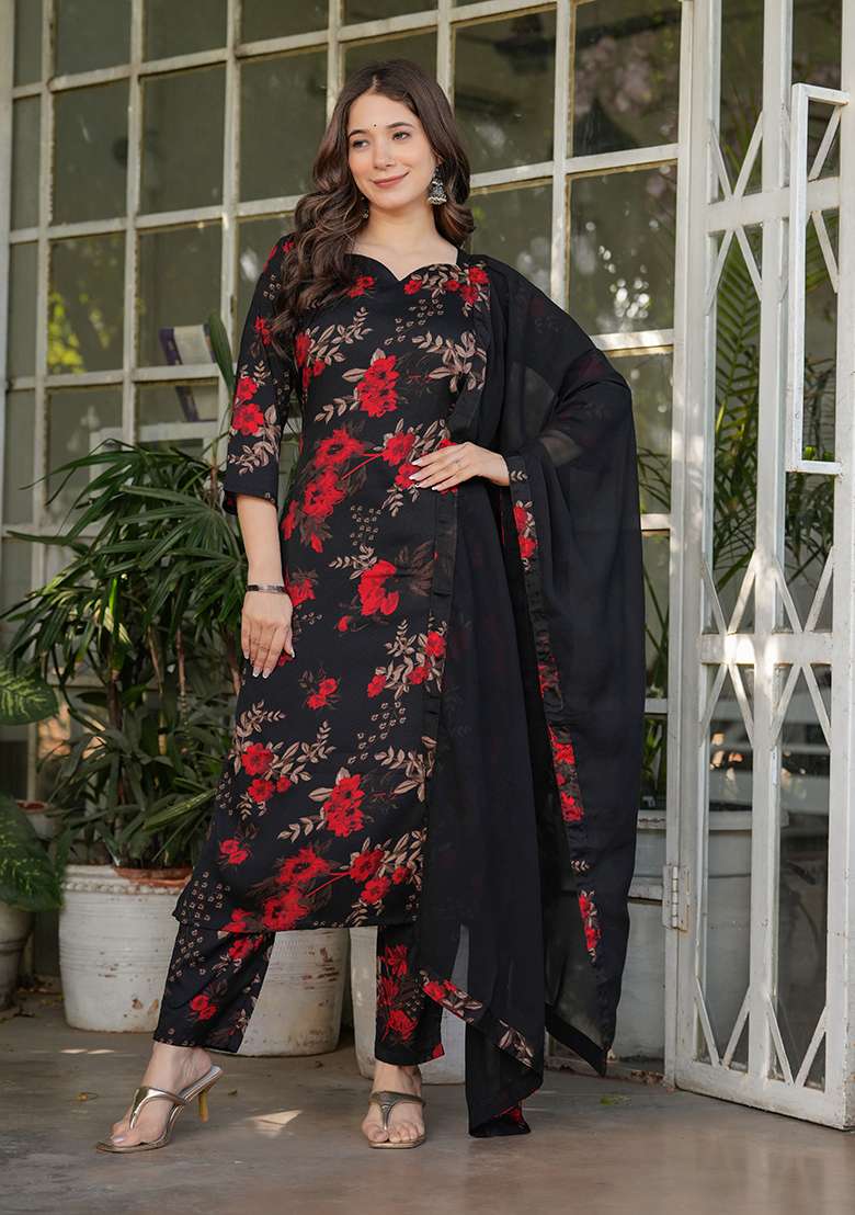 Black Printed Silk Salwar Kameez - Indya
