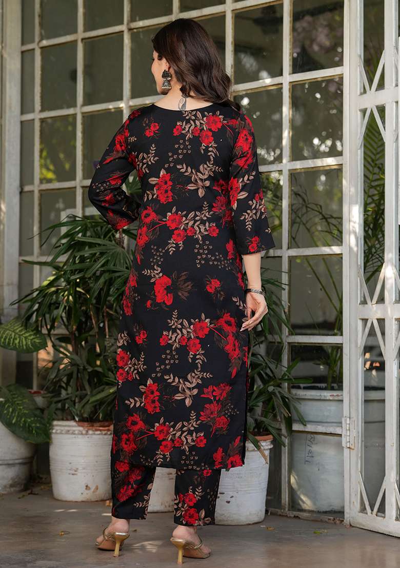 Black Printed Silk Salwar Kameez - Indya