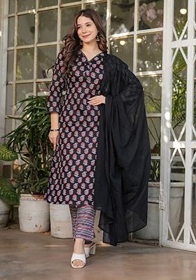 Black Printed Cotton Salwar Kameez