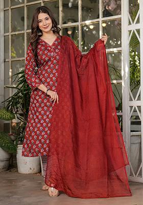 Rust Brown Printed Cotton Salwar Kameez