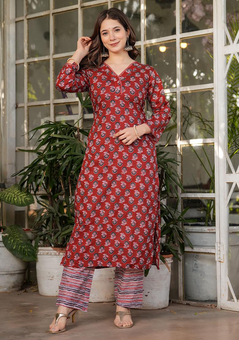 Rust Brown Printed Cotton Salwar Kameez