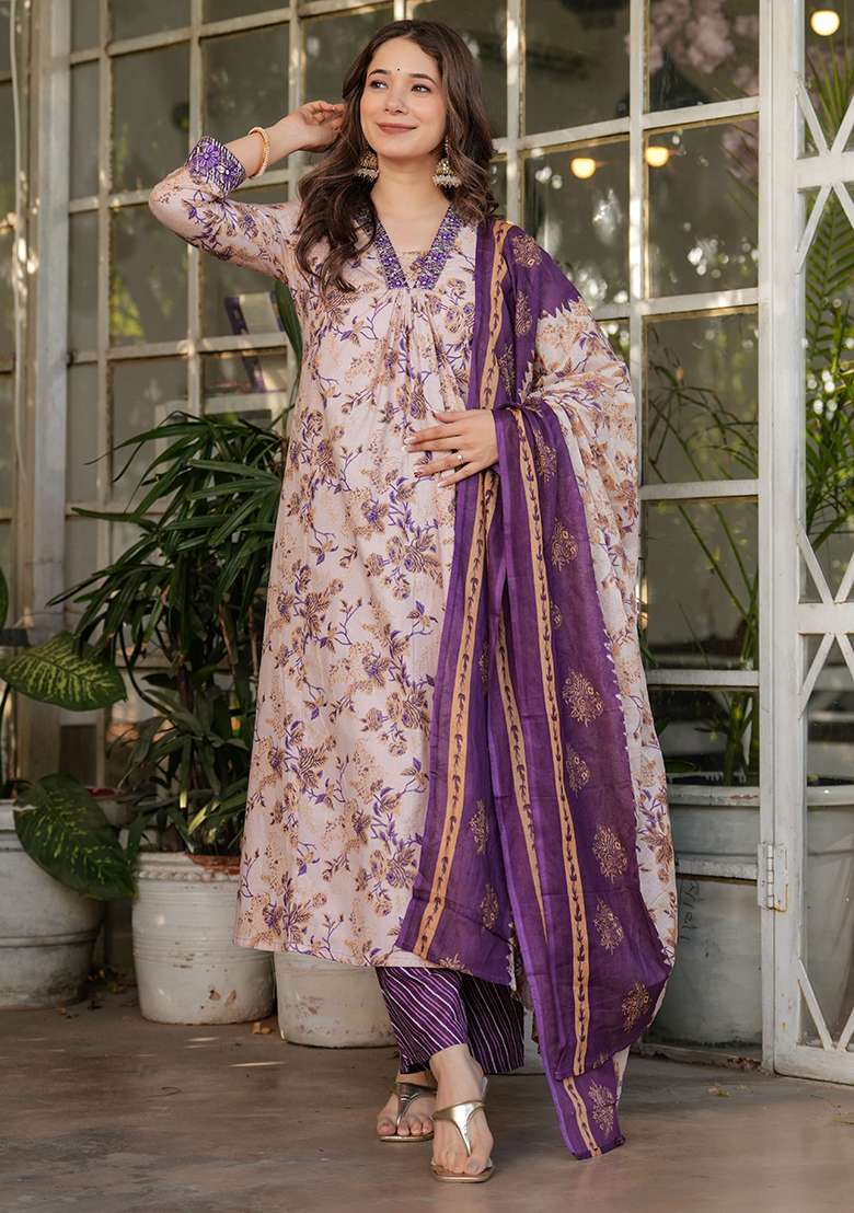 Off White Floral Print Cotton Straight Kurta Set - Indya