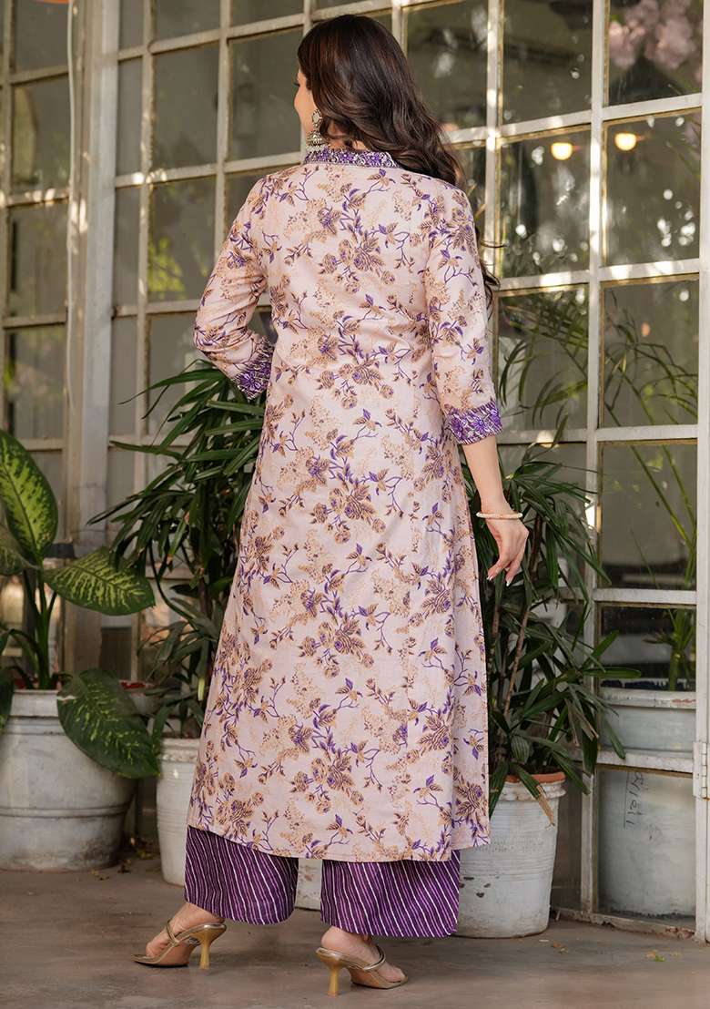 Off White Floral Print Cotton Straight Kurta Set - Indya