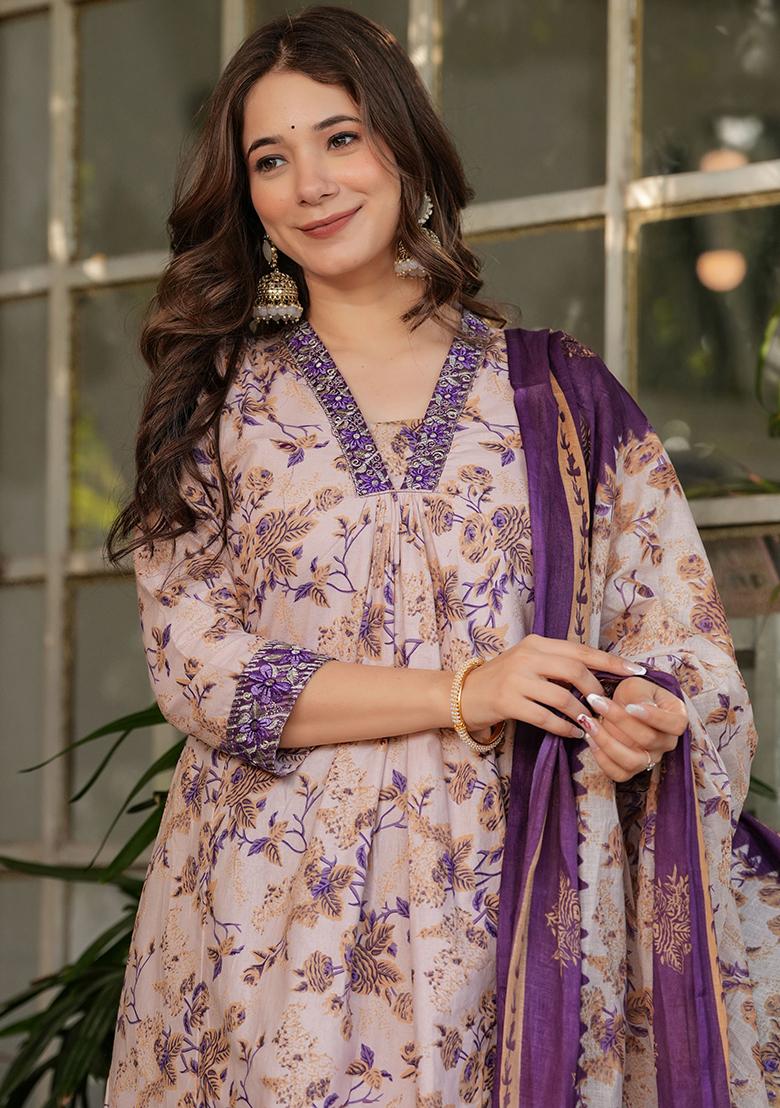 Off White Printed Cotton Salwar Kameez