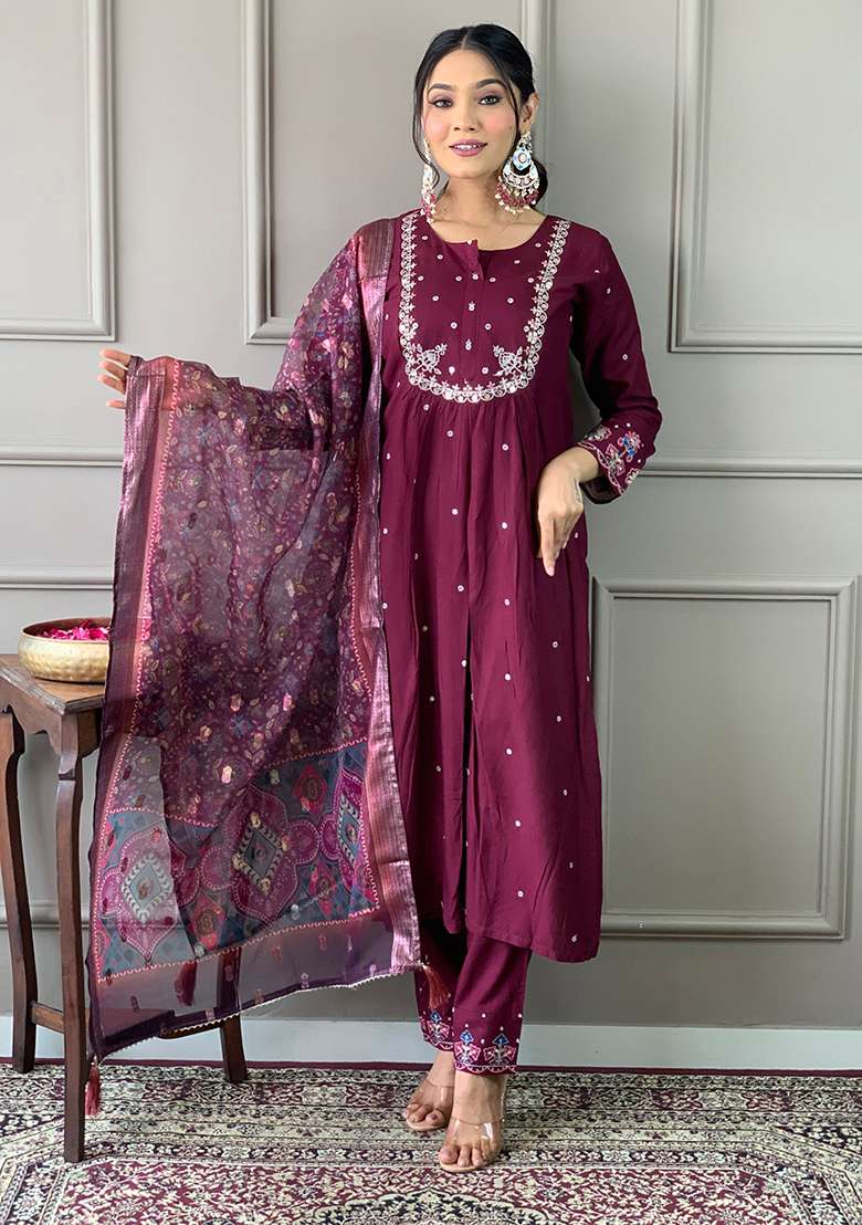Wine Printed Chanderi Salwar Kameez - Indya
