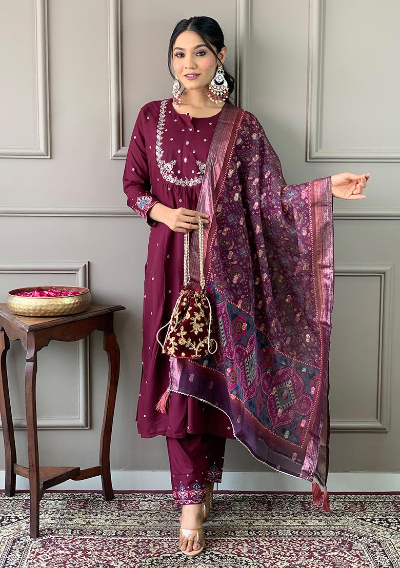 Wine Printed Chanderi Salwar Kameez