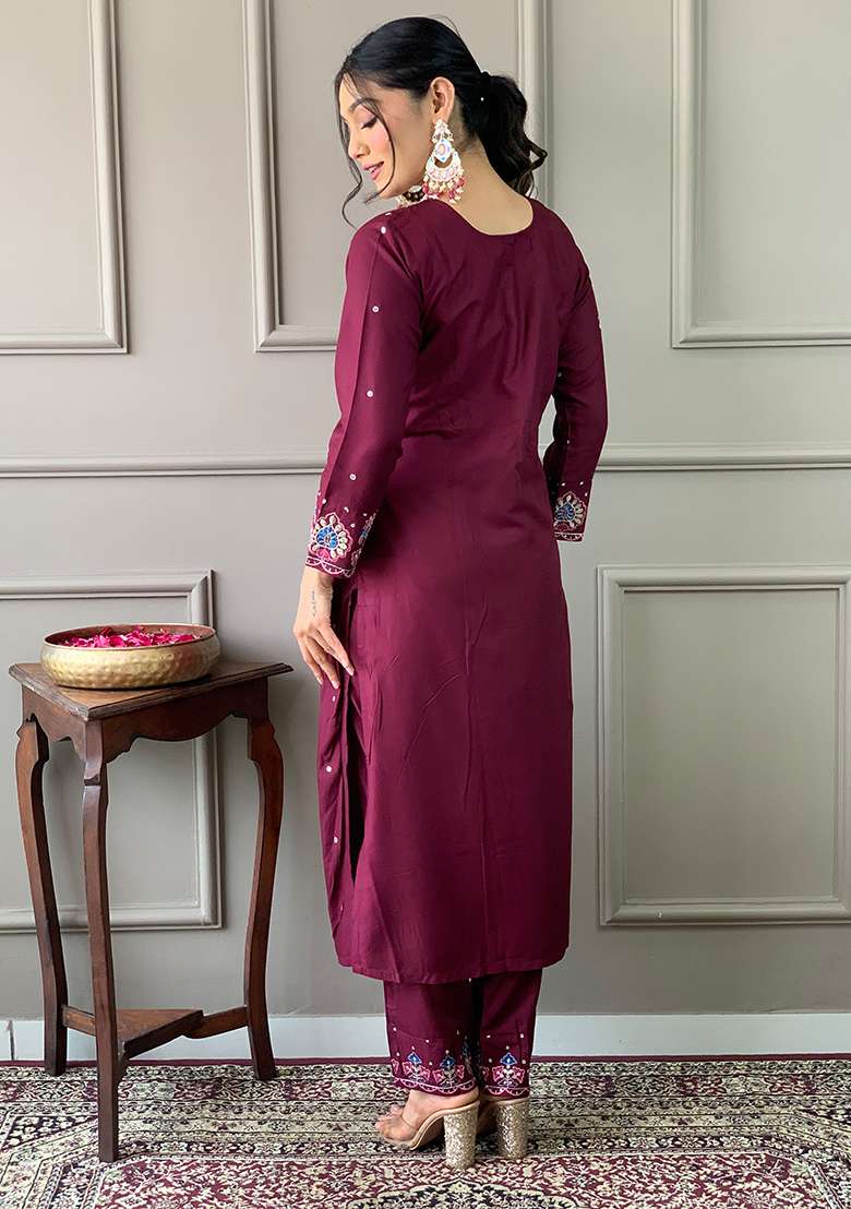 Wine Printed Chanderi Salwar Kameez - Indya