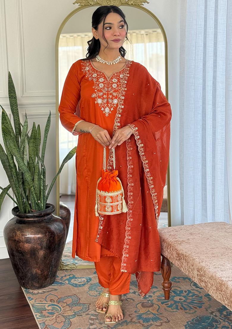 Orange Embroidered Viscose Salwar Kameez