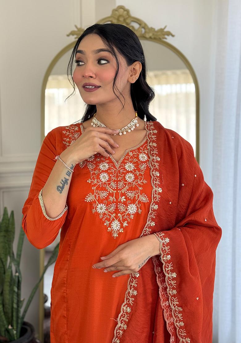 Orange Embroidered Viscose Salwar Kameez