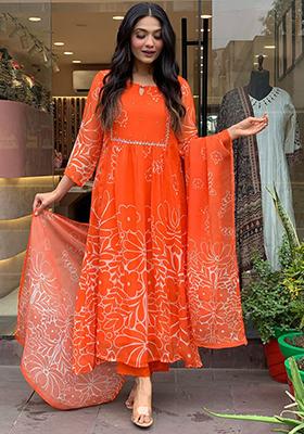 Orange Printed Georgette Salwar Kameez