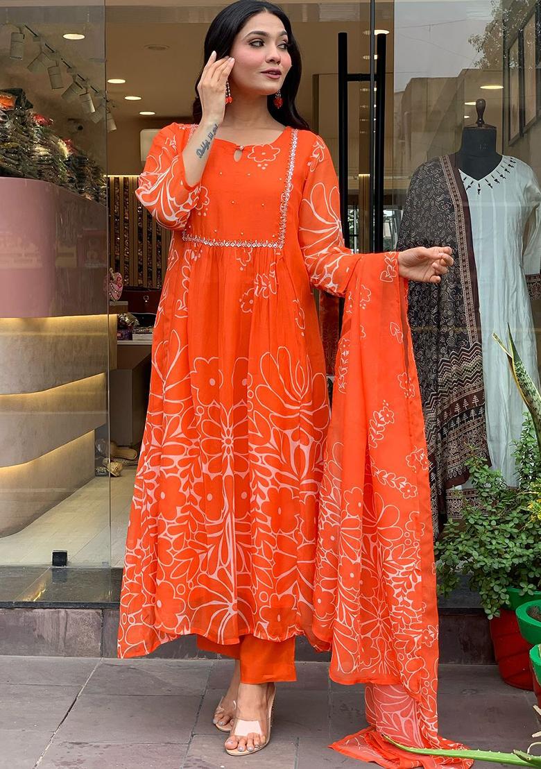 Orange Printed Georgette Salwar Kameez