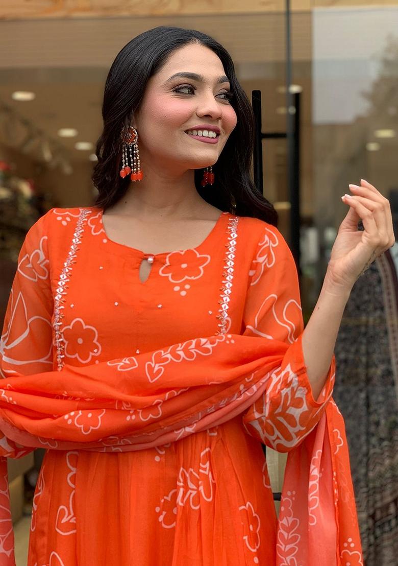 Orange Printed Georgette Salwar Kameez