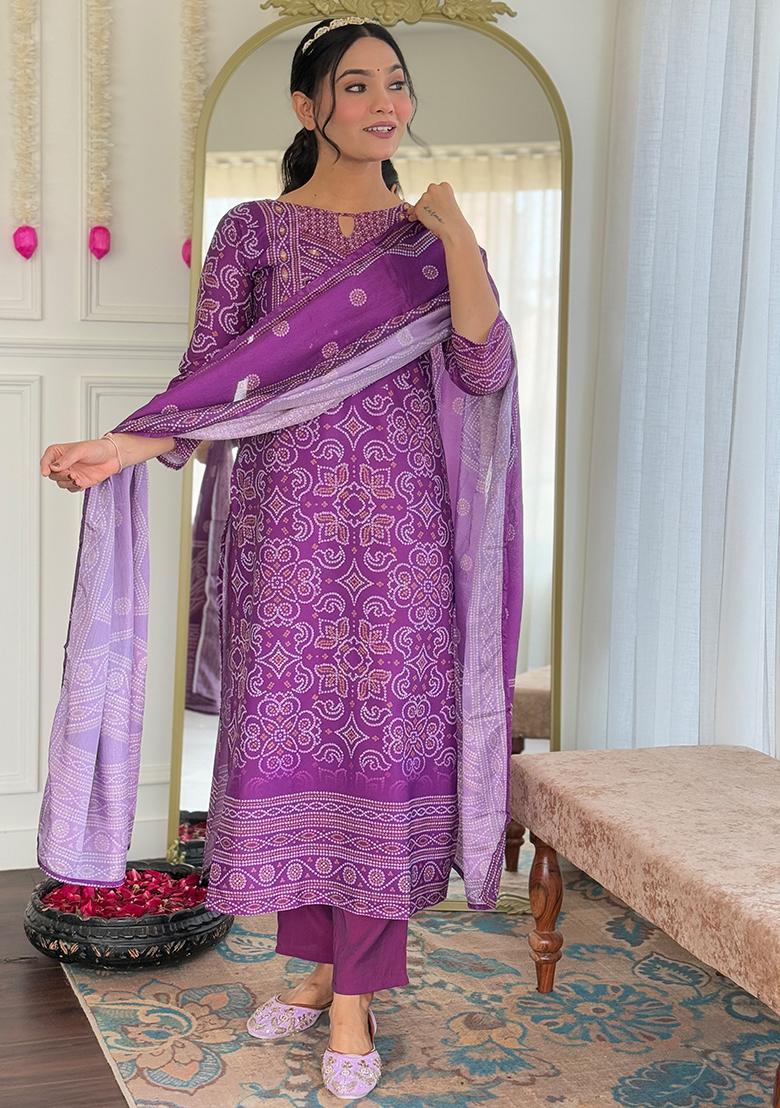 Lavender Printed Crepe Salwar Kameez