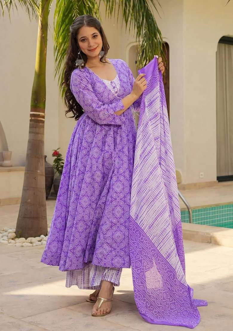 Purple Printed Silk Anarkali Set - Indya