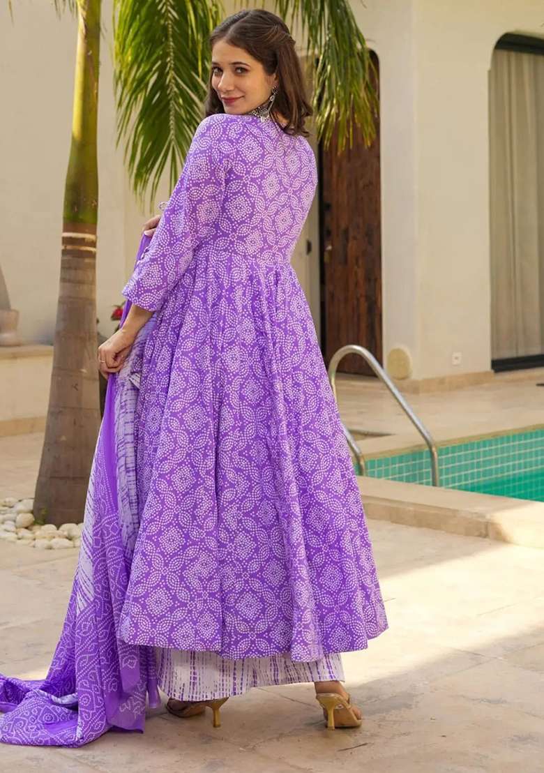 Purple Printed Silk Anarkali Set - Indya