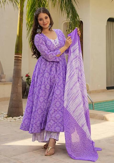 Purple Printed Silk Anarkali Set — view on Indya