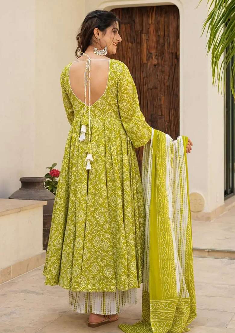 Green Printed Silk Anarkali Set - Indya