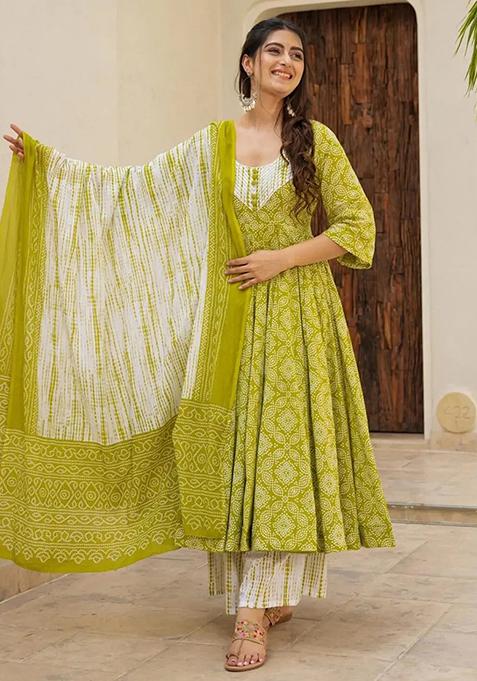 Green Printed Silk Anarkali Set — view on Indya