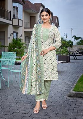 Green Printed Cotton Salwar Kameez