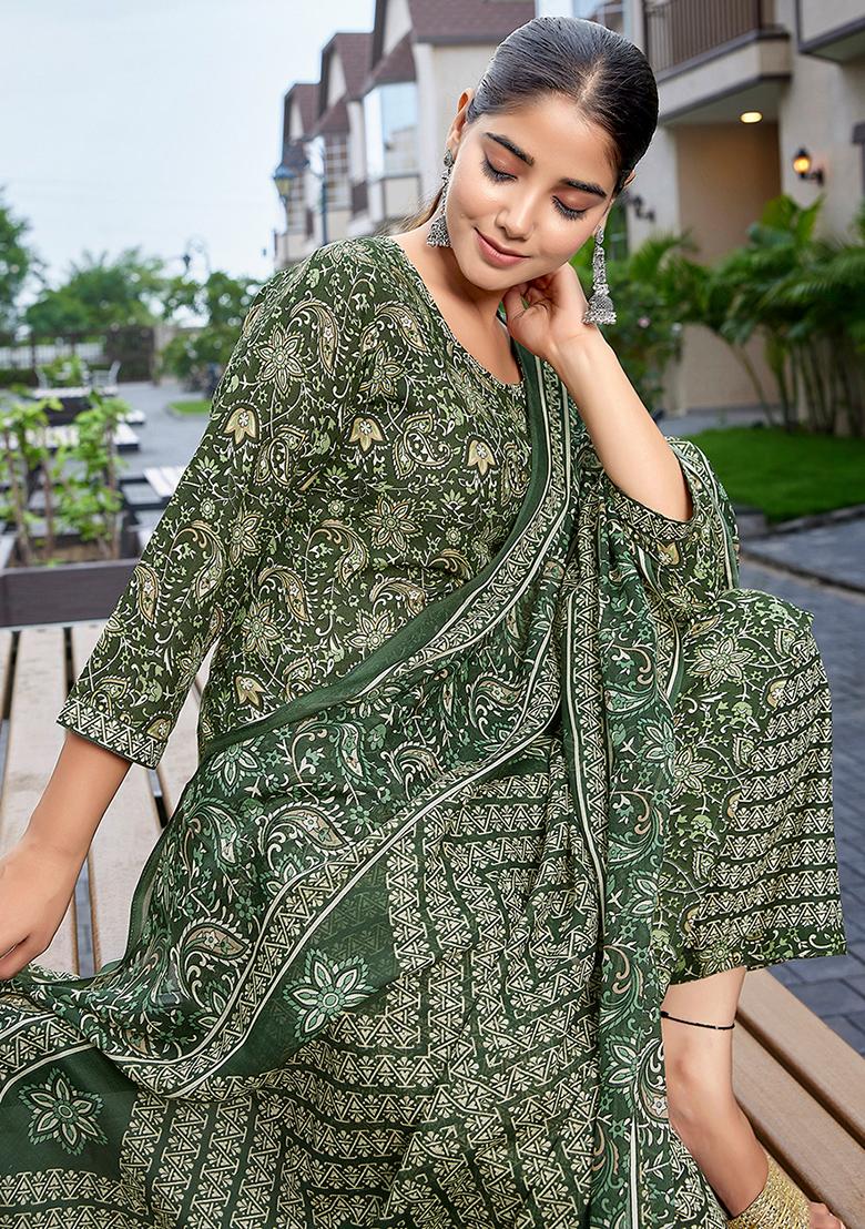 Green Printed Cotton Salwar Kameez
