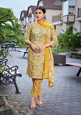 Yellow Printed Cotton Salwar Kameez