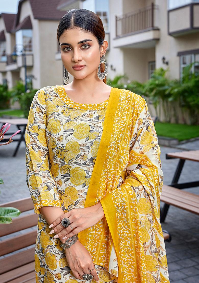 Yellow Printed Cotton Salwar Kameez