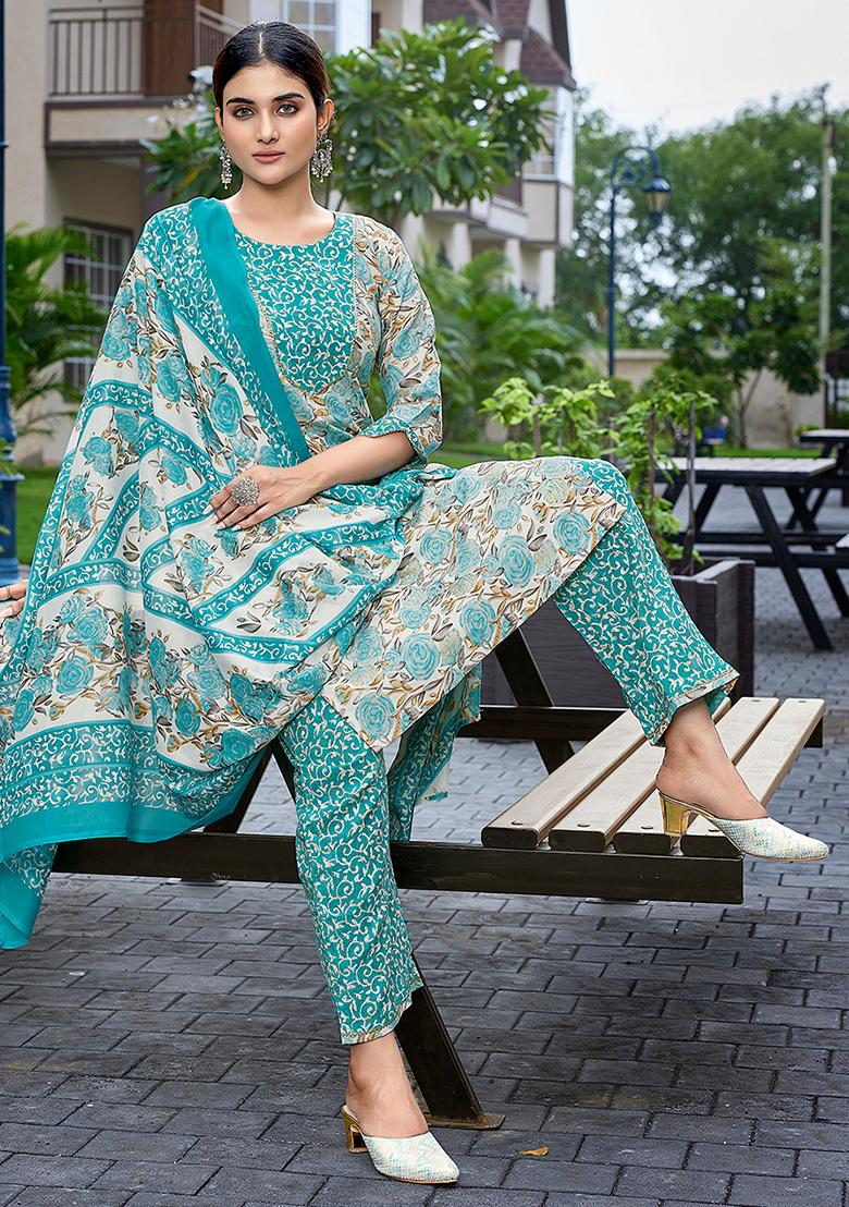 Sea Green Printed Cotton Salwar Kameez