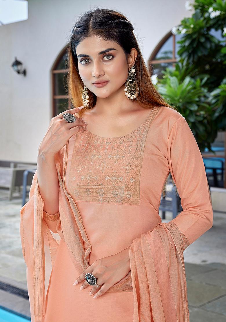 Peach Printed Cotton Salwar Kameez