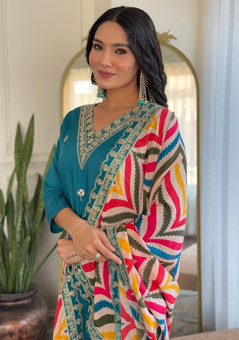 Blue Printed Viscose Salwar Kameez