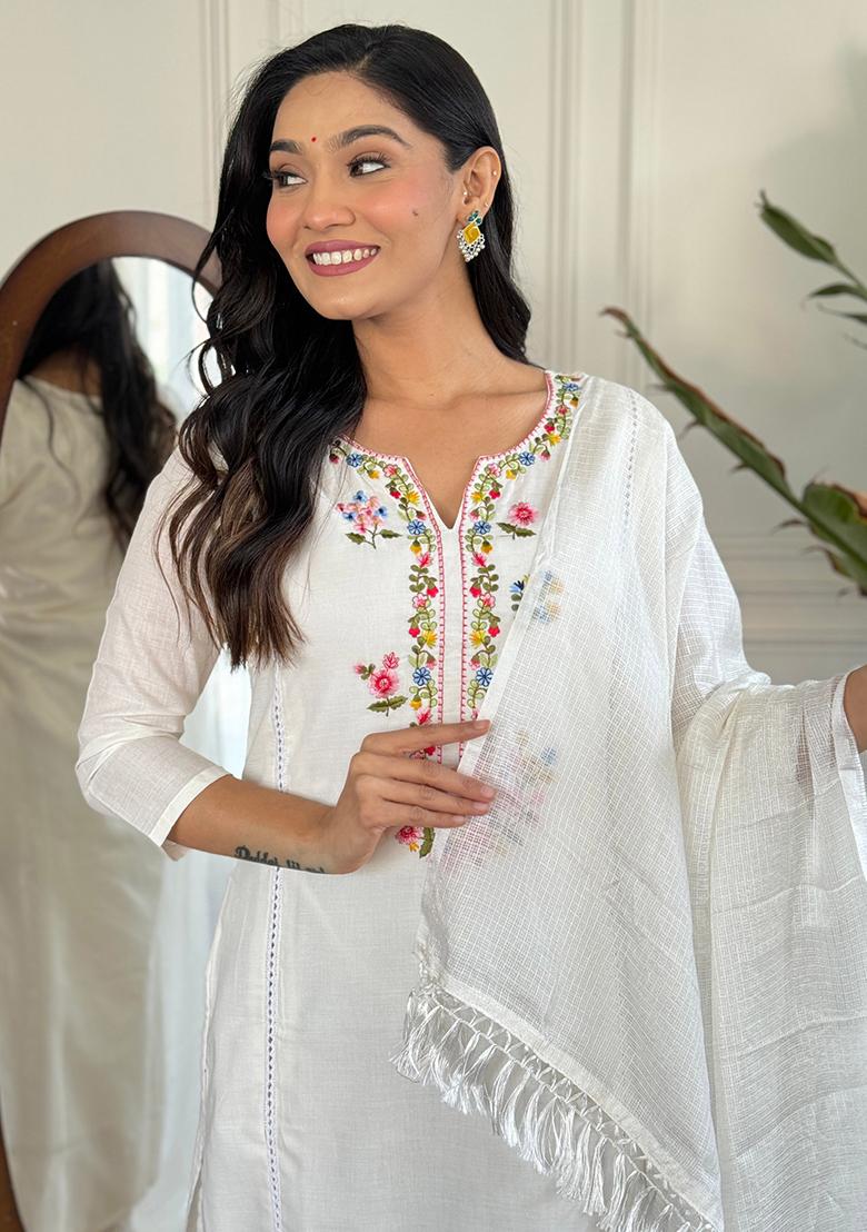White Embroidered Viscose Salwar Kameez