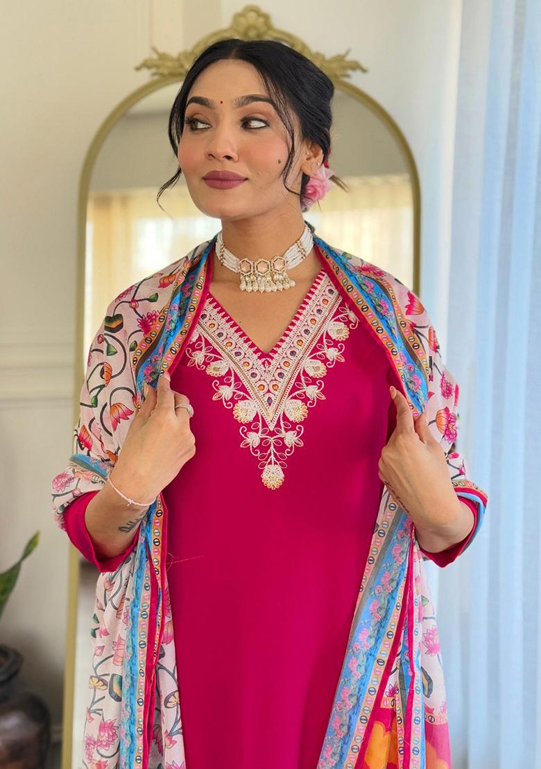 Pink Printed Rayon Salwar Kameez