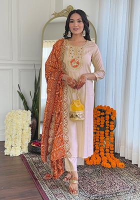 Beige Printed Viscose Salwar Kameez