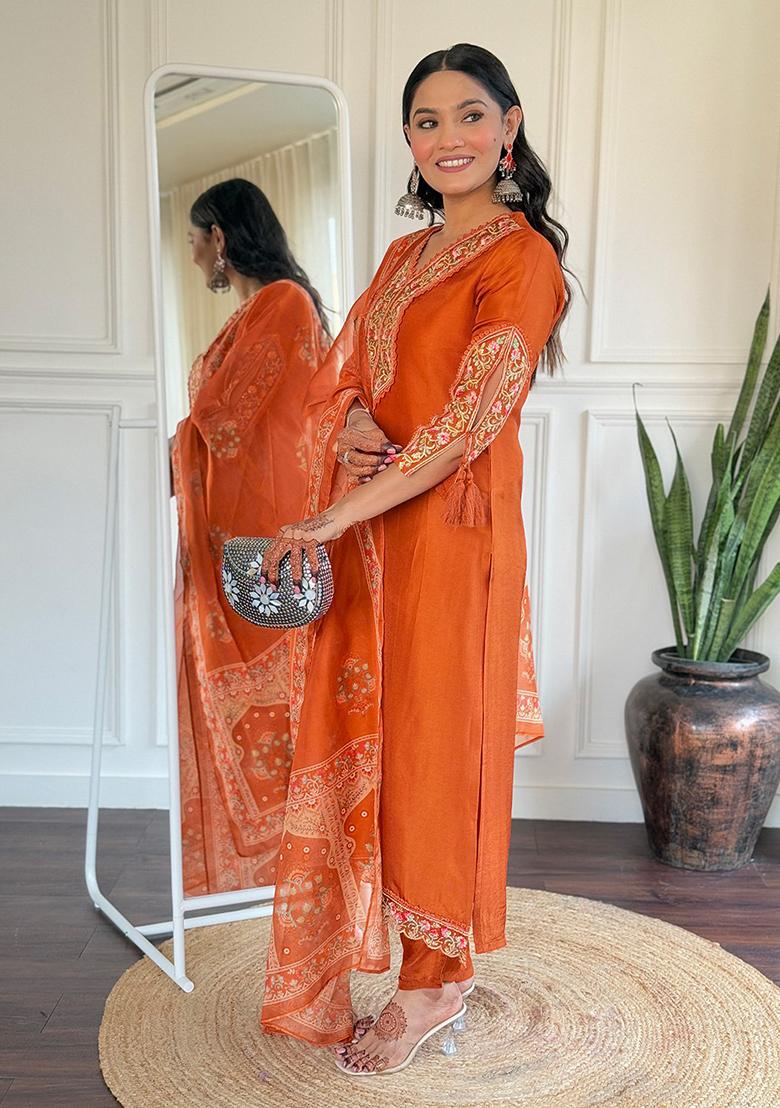 Orange Printed Viscose Salwar Kameez