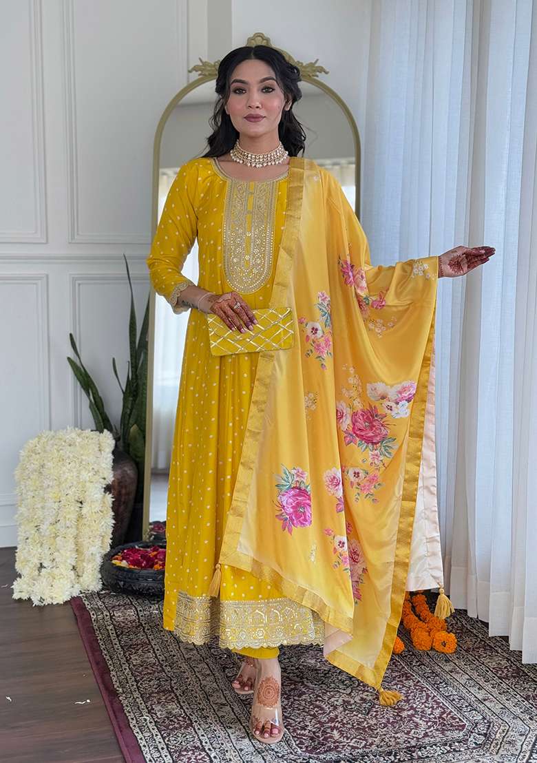 Mustard Printed Silk Salwar Kameez - Indya