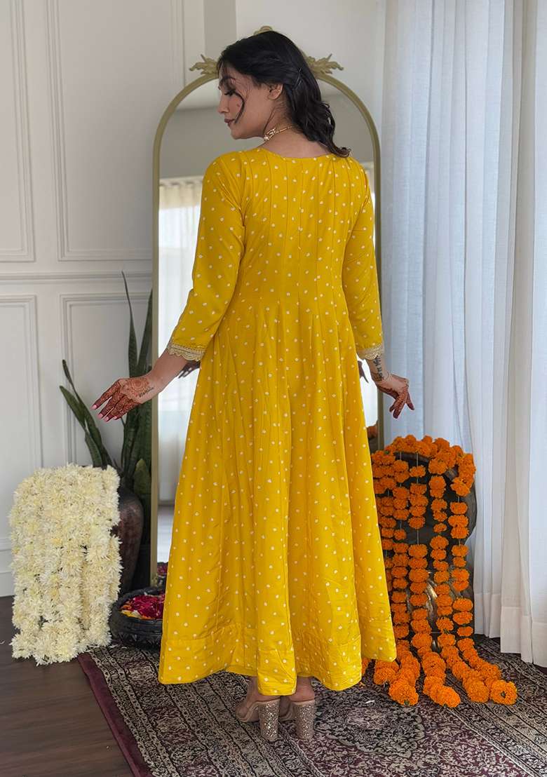 Mustard Printed Silk Salwar Kameez - Indya