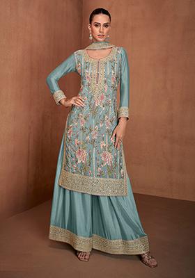 Sky Blue Embroidered Silk Salwar Kameez